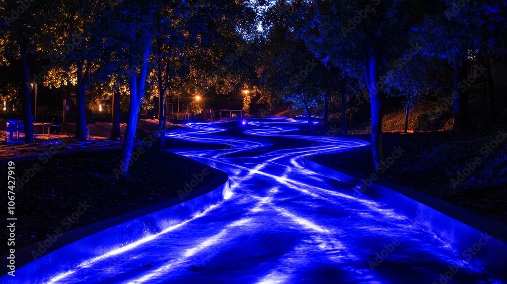 Glowing blue light trails illuminate a winding path through a dark ...