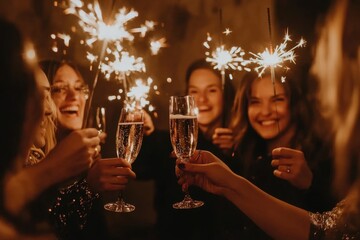 Wall Mural - A group of friends toasting with sparklers and champagne glasses at an elegant party, celebrating New Year's Eve in style Generative AI