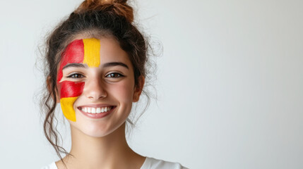 Wall Mural - Patriotic portrait: young woman with spanish flag face paint for cultural celebration