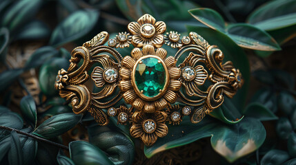 Wall Mural - A beautifully ornate Victorian brooch featuring a central emerald surrounded by intricate golden vines and leaves, with small diamonds sparkling at the edges. The antique patina adds depth to the