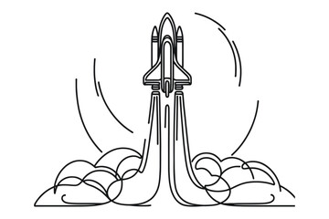 One continuous line drawing of Rocket space ship launch.