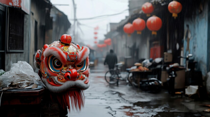 Traditional lion dance mask in a rainy alleyway