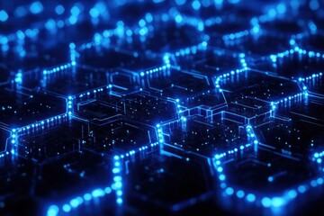 Poster - futuristic blue digital network with glowing hexagonal pattern