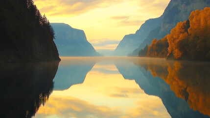 Wall Mural - A serene lake reflecting the golden hues of dawn in the mountains.