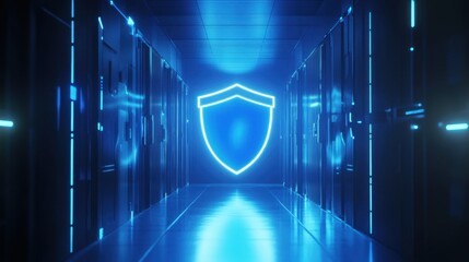 Poster - Neon Shield in Dark Digital Corridor