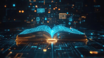 Poster - digital book with glowing effect in technology background
