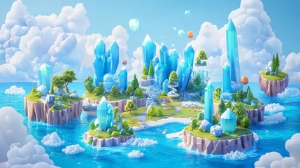 A vibrant fantasy landscape featuring ice crystals, tropical trees, and serene waters under a bright sky, ideal for creative projects.