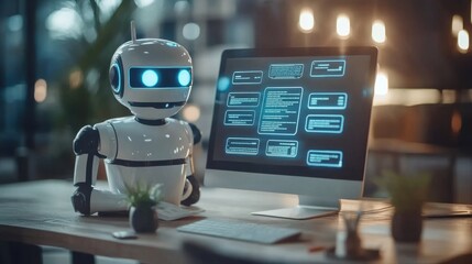 Poster - Modern Robot Sitting by Computer Desk in Office Environment
