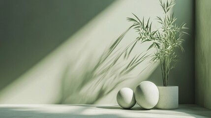 Poster - Sunlight illuminating green wall with plant and spheres