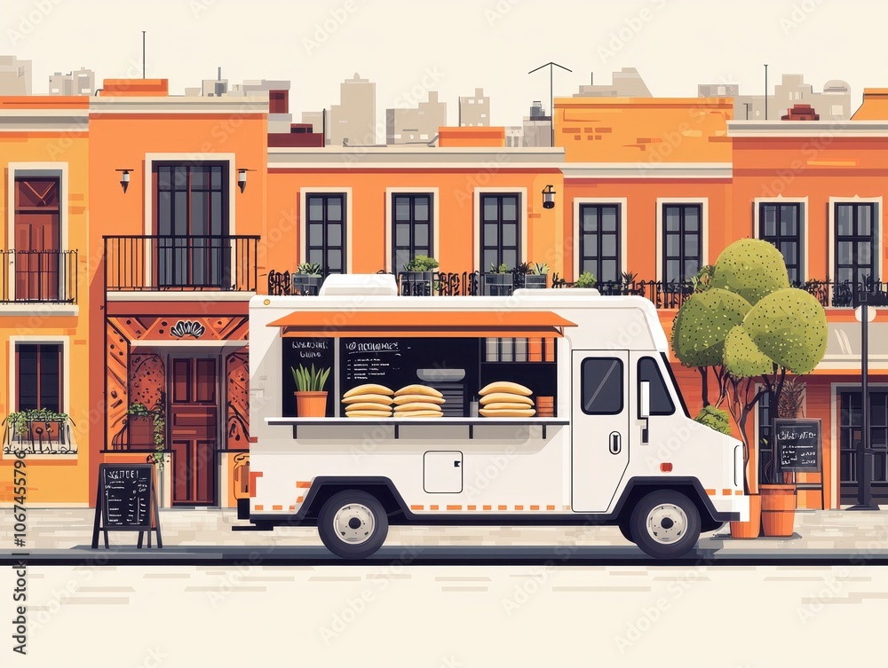 A colorful food truck parked on a lively street, serving burgers, with vibrant buildings and greenery in the background.