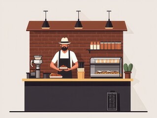 A stylish coffee shop interior featuring a barista wearing an apron, preparing food at a wooden counter with coffee machines and baked goods in the background.