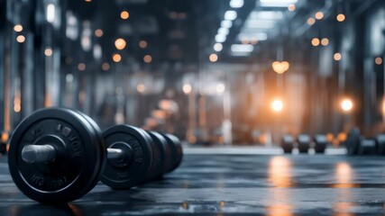Poster - Black dumbbell lying on the floor of a dimly lit industrial style gym, creating a powerful image of strength and fitness