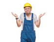 © Alen-D - Clueless middle-aged construction worker being in confusion with stretched arms opened palms, isolated on white background. Craftsman against white wall