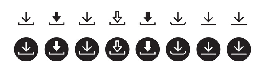 Wall Mural - Download icon symbol. Round sign down arrow. Download icon for apps, websites interface.