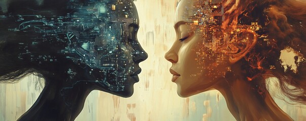 Poster - Two female faces merging with futuristic cityscapes representing duality and connection