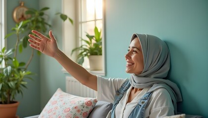 Welcoming Gesture in Sunlit Room with Plants