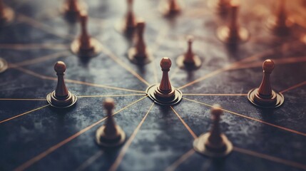 Poster - Golden chess pawns network connecting on marble surface