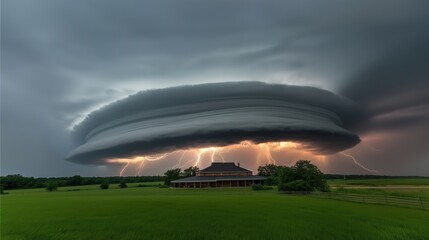 Wall Mural - large, dark storm cloud is hovering over a house. the sky is filled with lightning and the clouds ar