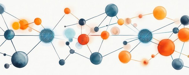 Poster - A vibrant illustration depicting interconnected spheres and nodes in shades of blue and orange, symbolizing networks or data connections.