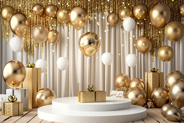 A gold and white themed party with a large number of balloons and a gold box on a pedestal.