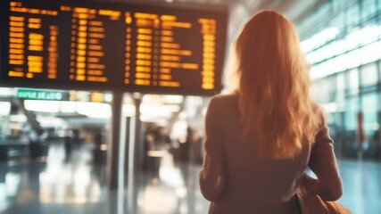 Poster - Businesswoman checks her flight info at an airport terminal, carrying her luggage, surrounded by electronic screens showing travel details