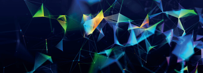 Aufkleber - Abstract background with connecting dots and lines. Futuristic background made of triangles. Network connection structure. Plexus effect. Widescreen technology or science banner. 3d Vector illustratio