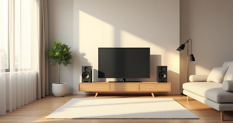 Aufkleber - A realistic 3D vector illustration of a living room interior featuring a TV set and home theater system in an empty house apartment