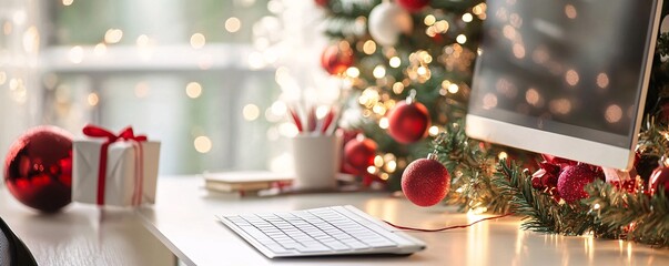 Aufkleber - Christmas decorations illuminating home office desk with computer and keyboard