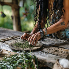 Wall Mural - Woman with tattoos arranging herbs outdoors, creating a natural, earthy, and spiritual atmosphere, connected to ancient practices