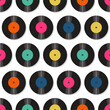 © Elena K - Seamless pattern print wallpaper with vinyl record discs music illustration vector retro style 60s, 70s, 80s, design art background for paper, textile, pack etc.