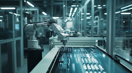 Poster - a robotic arm efficiently assembling circuit boards in a modern manufacturing facility during daylig