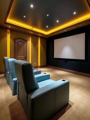 Aufkleber - A cozy home cinema features yellow lighting plush light blue leather armchairs and a large movie screen in an opulent living space