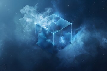 Poster - Ethereal Blue Cube Surrounded by Cosmic Mist