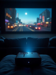 Poster - Watching a film from a video projector in a dimly lit room is an immersive home cinema experience