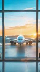 Aufkleber - Passenger airplane standing still at airport gate behind large window glass at golden hour sunset, ready for passengers to board and take off