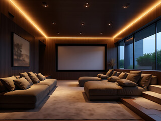Poster - Modern luxury home theater with sleek interior design rendered in stunning 3D graphics to bring the space to life vividly