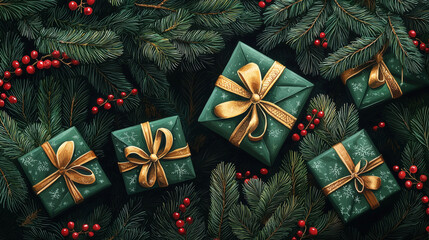 Poster - Beautifully wrapped green gifts with golden bows are arranged amidst evergreen branches and bright red berries, creating a festive atmosphere