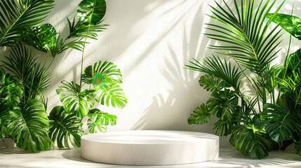 Poster - A well-lit indoor area showcases a circular platform surrounded by vibrant tropical foliage casting interesting shadows
