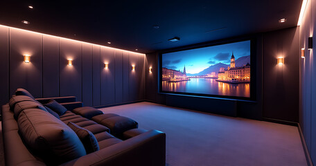 Poster - Immersive 3D visuals meet sleek modern design in a luxurious home theater experience featuring sophisticated track lighting
