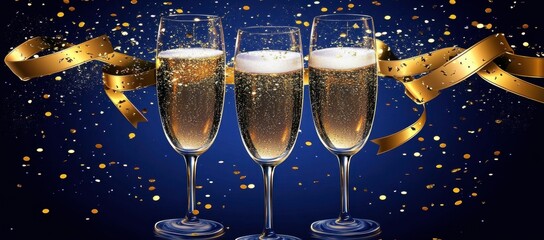 Wall Mural - New Year's Eve toast, champagne glass sparkling against a dark blue background with golden ribbons and confetti, bokeh lights forming a banner background Generative AI