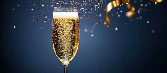 Wall Mural - New Year's Eve toast, a golden champagne glass with sparkling glitter against a dark blue background, and golden ribbons Generative AI