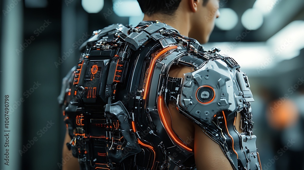 Futuristic bionic person with mechanical enhancements to the torso and ...