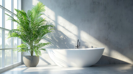 Poster - A spacious bathroom highlights a sleek freestanding tub beside a lush indoor plant, illuminated by sunlight streaming through large windows