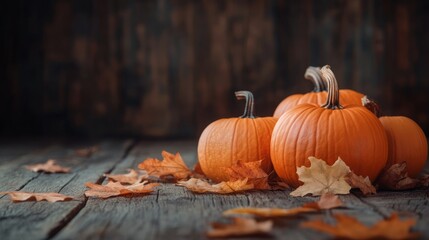 Wall Mural - Autumn Pumpkins with Fallen Leaves on Rustic Wooden Table