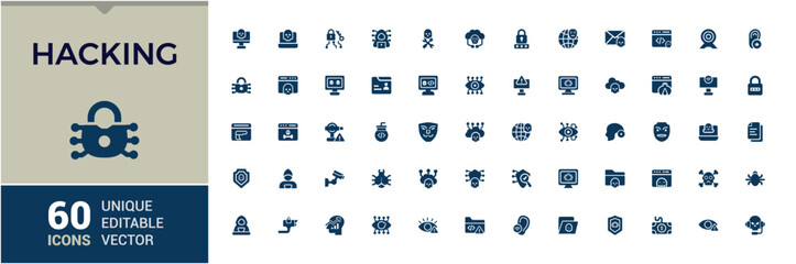 Poster - Hacking vector solid icon set. Containing hack, inspector, incognito, virus, protect, protection, threat and more. Pixel perfect. Vector illustration.