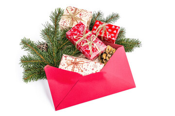 Poster - Brightly wrapped gifts are arranged inside a red envelope, accented by pine branches for a festive holiday feel