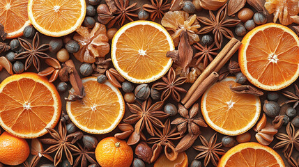 Poster - Dried slices of oranges and an assortment of spices are artfully arranged on a wooden table, evoking a warm, cozy autumn atmosphere