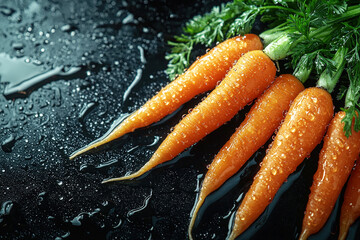 Poster - Vibrant, freshly washed carrots showcase their orange color and water droplets, emphasizing farm-to-table freshness