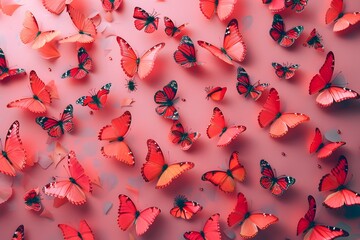 Poster - A Vibrant Display of Colorful Butterflies on a Soft Pink Background