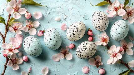Aufkleber - A tranquil spring display showcases speckled eggs nestled among cherry blossom petals and branches on a soft blue surface
